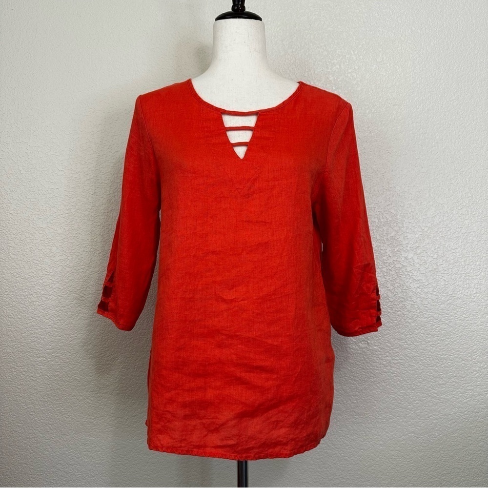 Calligraphie 100% Linen Orange Cut outs 3/4 Sleeves Tunic Top, Sz Small